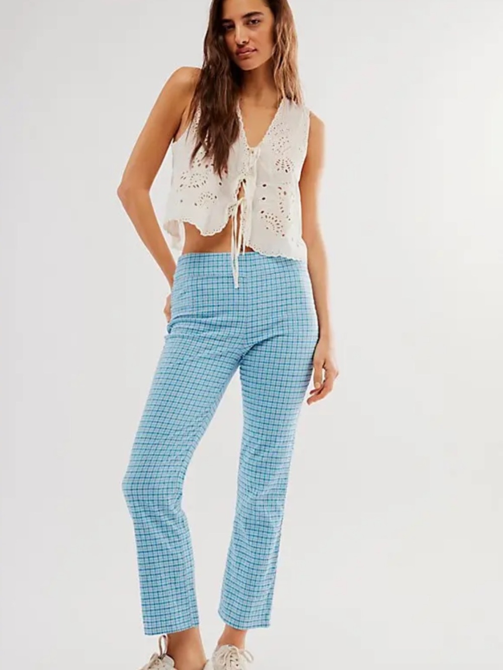 Free People Slim Crop Pants Blue Plaid High-Rise